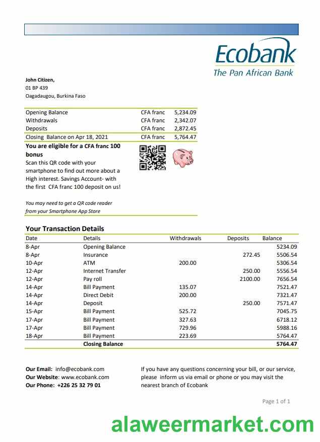 Burkina Faso Ecobank bank statement easy to fill template in Excel and PDF format